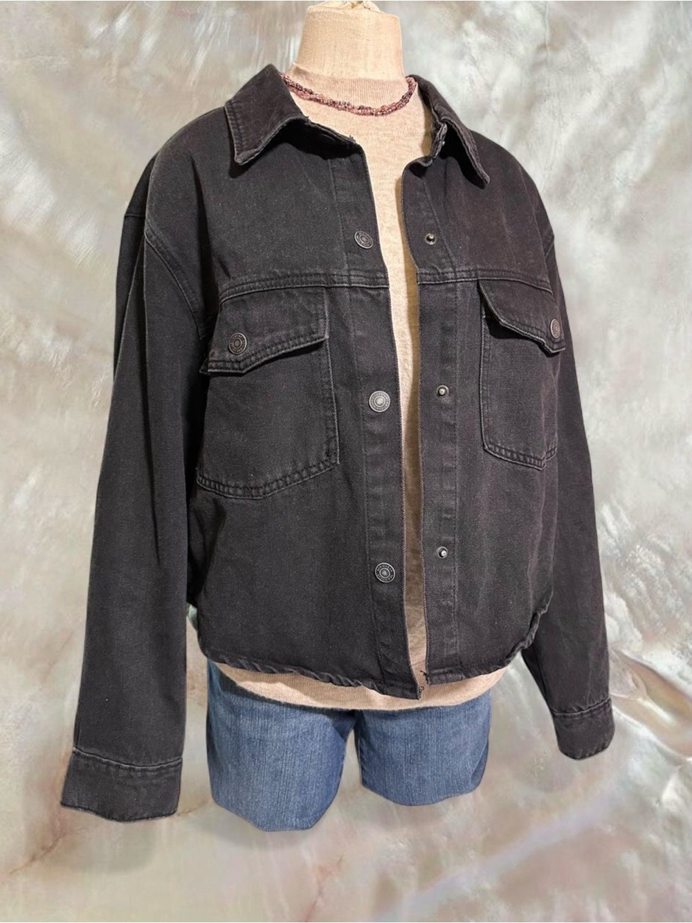 Vintage Style Grunge Black Washed Denim Jacket 100% Cotton